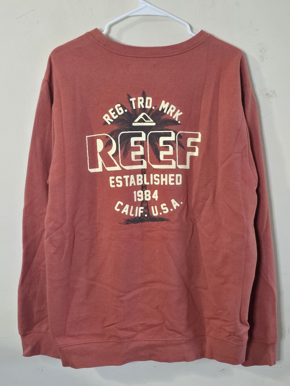 REEF Habitat Fleece Sweatshirt Men's XL Burgundy Graphic Crewneck Palm Tree Cozy